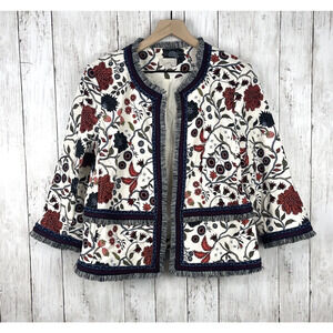 Loft Jacket Women 14 Primavera Strawberry Floral Embroidered Fringe Blazer Boho